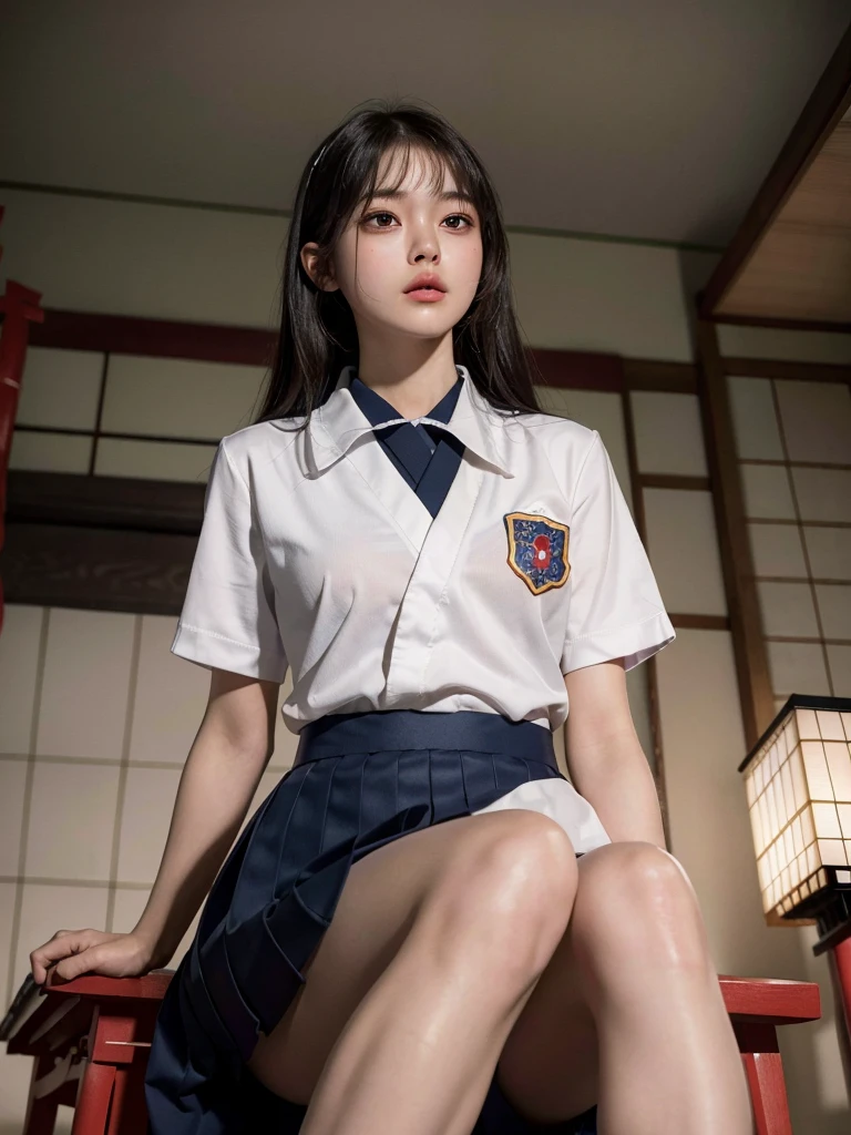 absurdres, RAW photo, extremely delicate and beautiful, masterpiece, Best Quality, ultra high resolution, 32k, hyperrealistic, ultra-detailed, perfect anatomy, anatomically correct, perfect figure, Perfect Style, Perfect balance, super Detailed skin,
(Japanese idle:1.6), (school uniform:1.3), (sitting in bridge, (From below:1.4), Blushed face,