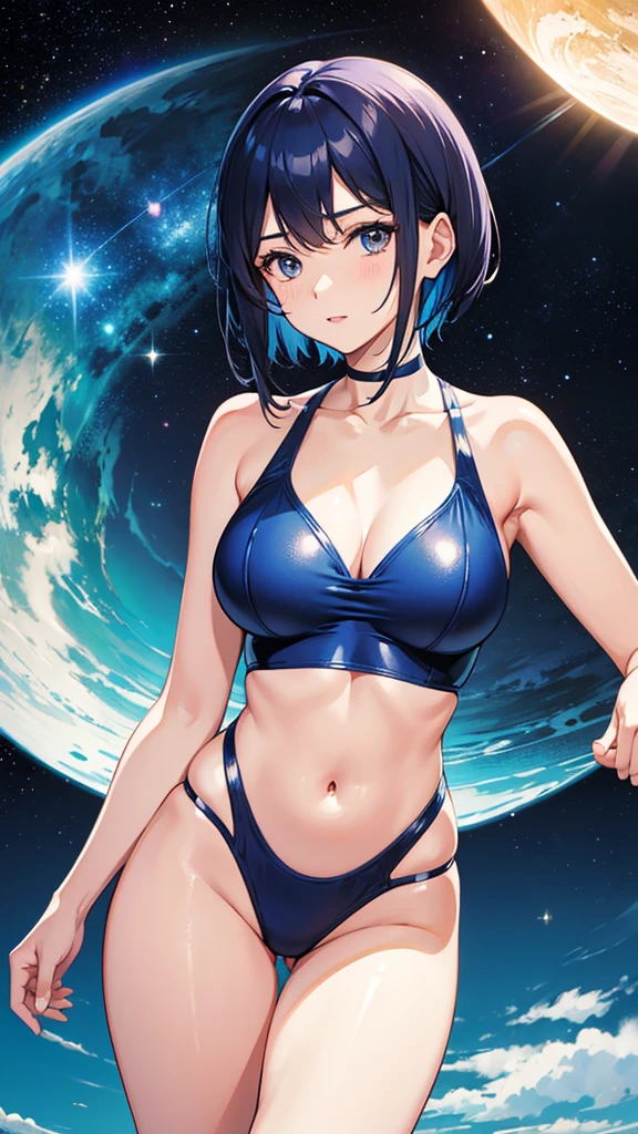 Swimsuit Ultramarine short hair 22 years old A plain adult woman Directly facing universe space