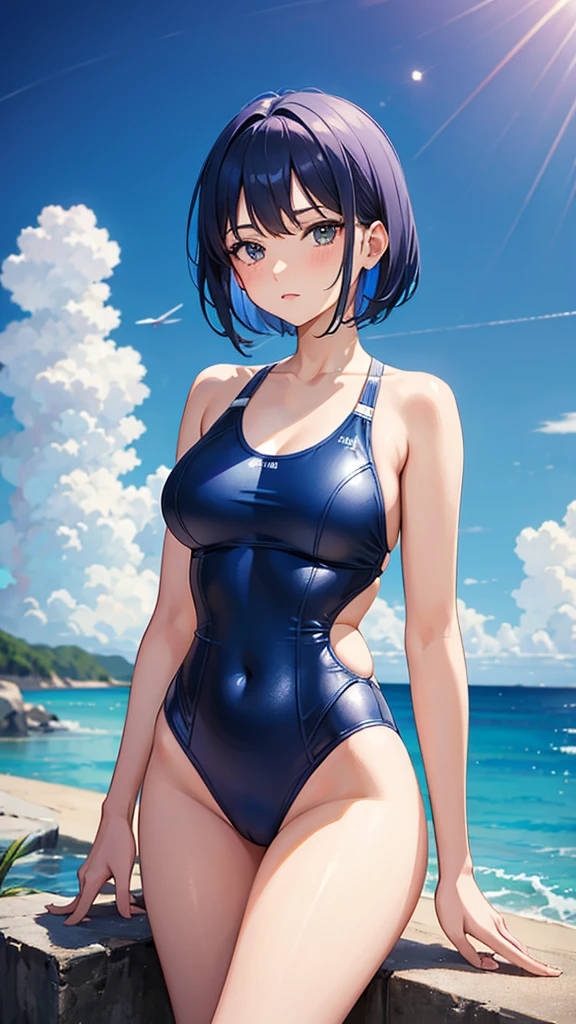 Swimsuit Ultramarine short hair 22 years old A plain adult woman Directly facing universe space
