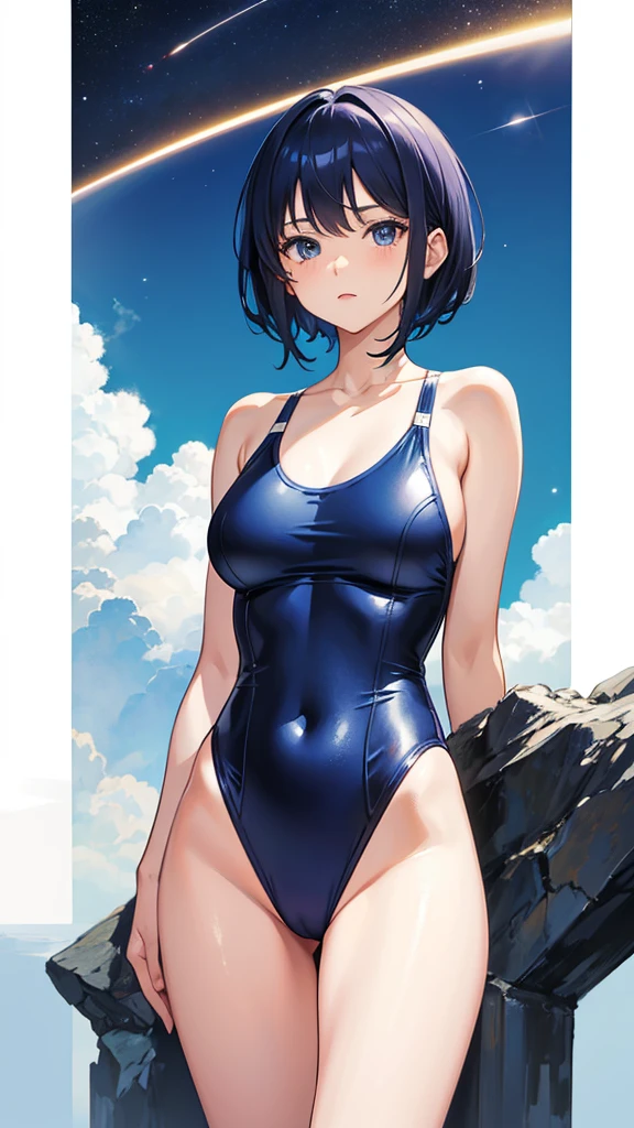 Swimsuit　Ultramarine short hair　22 years old　A plain adult woman　Directly facing　universe space