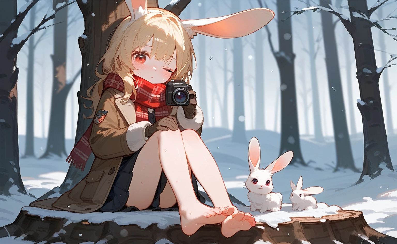 1Young girl,Black long hair,Rabbit ears,scarf,Red Eyes,Close one eye,blush,sweat,barefoot,Stretch your feet in front of the camera,Clear and beautiful toes,coat,cute,snow,Long skirt,Sitting on a tree stump,Strict and conservative dress,Gloves