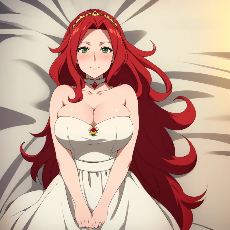 Dakimakura, long hair, red hair, green eyes, smile, blush, ultra resolution , perfect, very detailed, work of art, 4k hd, POV, wedding dress, large breasts, cleavage, white dress, long dress, 