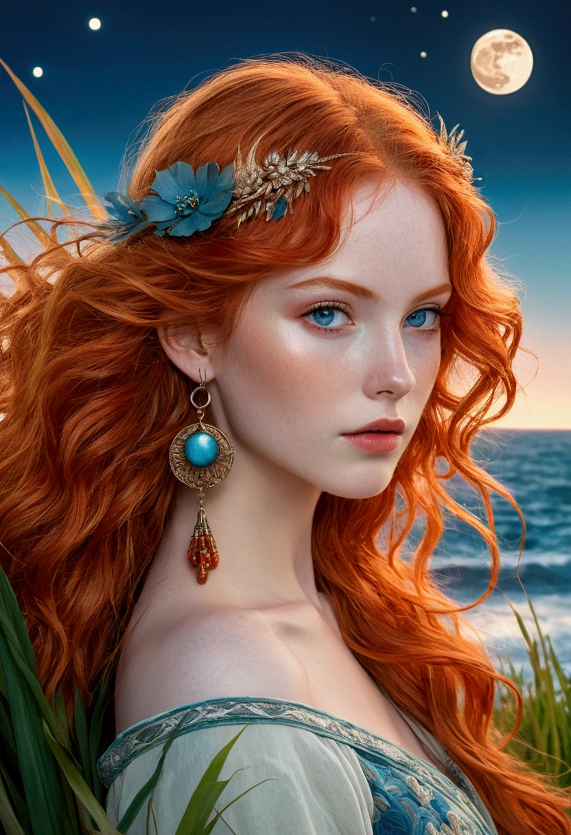 a boho volumpus woman with fiery ginger hair and captivating blue eyes, standing amidst rustling sea grass under the crescent moon'ssoft glow. She adorns elegant long earrings, exuding a serene yet enchanting presence. This mesmerizing image, with its vibrant and dramatic aesthetic, is perfect for an anime or fashion illustration, seamlessly blending portrait photography, and ukiyo-e elements to create a visually stunning masterpiece., poster, photo, portrait photography