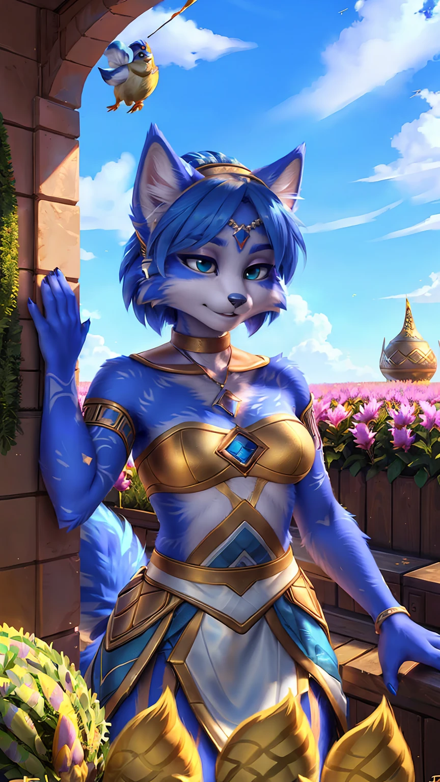 A beautiful and detailed (sweet picture) of ((Krystal)), Star Fox Krystal,  green eyes, medium breasts, (((Long blue hair 1.3))),  anthro, furry, (of Fluff-Kevlar, Bayard Wu, Personalami, Pino Daeni),  detailed fluffy fur, detailed face, (fluffy), 1 girl, alone, Haare bedecken ein Auge:1.4, (((geht über ein Feld mit hohem Gras :1.3))), (((schaut in den himmel:1.4))),