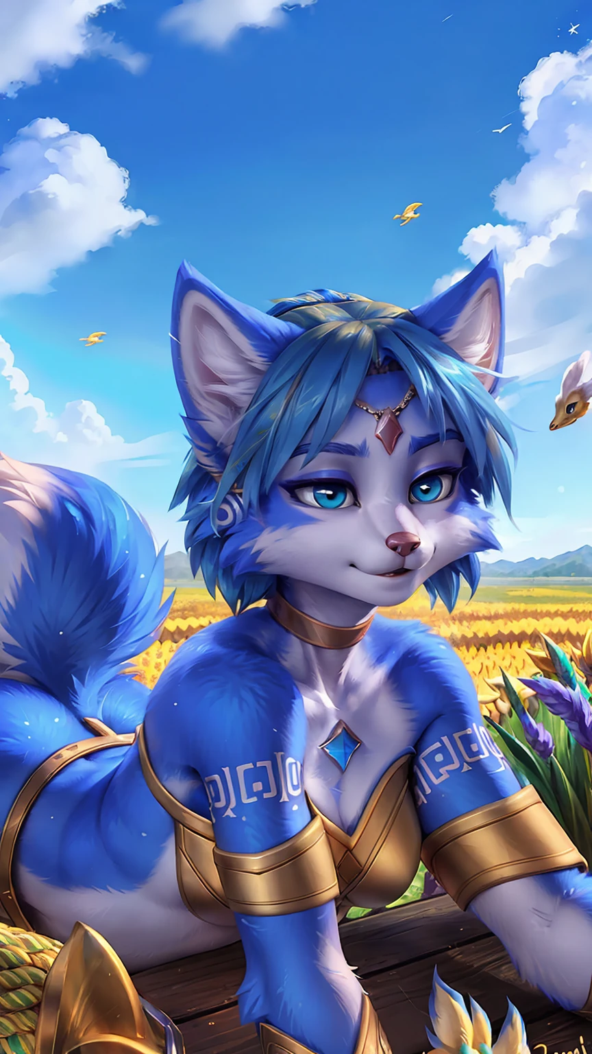 A beautiful and detailed (sweet picture) of ((Krystal)), Star Fox Krystal,  green eyes, medium breasts, (((Long blue hair 1.3))),  anthro, furry, (of Fluff-Kevlar, Bayard Wu, Personalami, Pino Daeni),  detailed fluffy fur, detailed face, (fluffy), 1 girl, alone, Haare bedecken ein Auge:1.4, (((geht über ein Feld mit hohem Gras :1.3))), (((schaut in den himmel:1.4))),