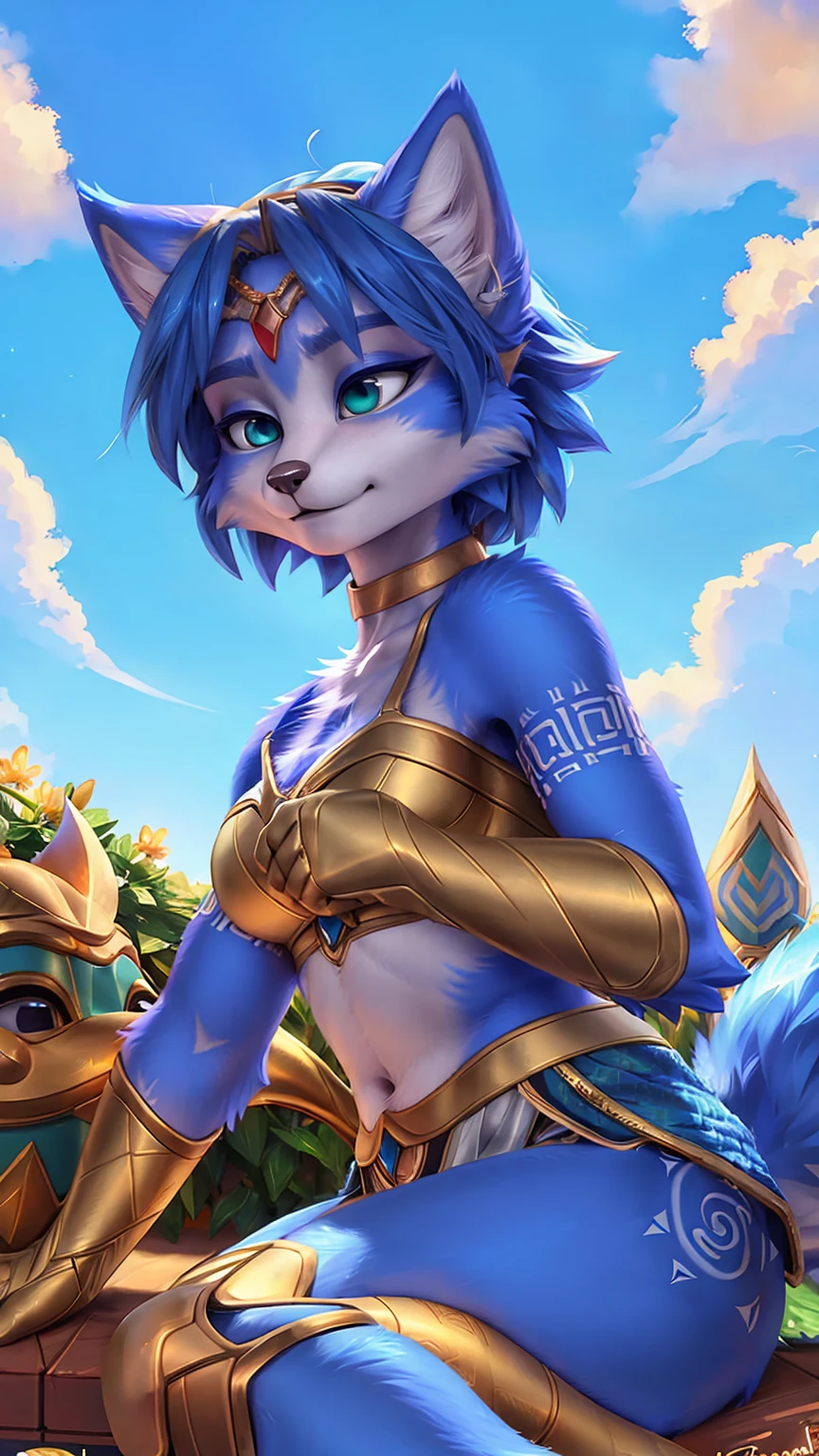 A beautiful and detailed (sweet picture) of ((Krystal)), Star Fox Krystal,  green eyes, medium breasts, (((Long blue hair 1.3))),  anthro, furry, (of Fluff-Kevlar, Bayard Wu, Personalami, Pino Daeni),  detailed fluffy fur, detailed face, (fluffy), 1 girl, alone, Haare bedecken ein Auge:1.4, (((geht über ein Feld mit hohem Gras :1.3))), (((schaut in den himmel:1.4))),