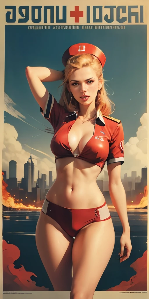 realistic portrait of a SCARY ZOMBIE NURSE in bikini. cute face, freckles, green eyes, long red hair, (blood thirsty smile:1.2), no makeup, against the background of a night city, cinematic light, epic composition, magical atmosphere, dynamic dramatic, detailed, intricate, elegant, highly contrasted, sharp focus, beautiful, classic, fine grand, CCCP poster, soviet poster, USSR Flag in background, USSR Poster, Soviet Union poster, October Revolution, ((CCCP Poster, Soviet Poster)) (blond 1 mature girl holding up her hand in the air) propaganda Poster, poster, Soviet flag on pole, blue sky with fighter jet, uniform, 1girl, solo, good body, Poster design, poster art style. 1980s, 1950s, 1960s, basic colour scheme, Very colourful poster, colour art, thirds rule, inspiring, general, military officer, woman, 1 mature girl, hair blowing in the wind, hand high in the air, revolutionary, pointing with finger, red square backdrop, thick legs.