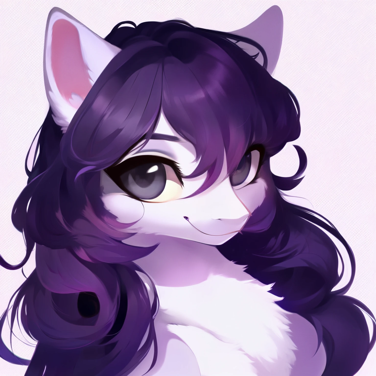 rating_safe, score_9, fluffy, feral pegasus pony, female,Purple body，Black purple mane，Wearing hair，Soft and fine long hair，清澈高傲带有几分温柔的Gray Eyes，Gray Eyes，Smile。bust，Elegant and noble。young，Delicate