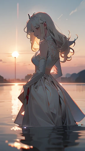 Princess plays in water, sunset, foggy, mist, white outfit, knights in background