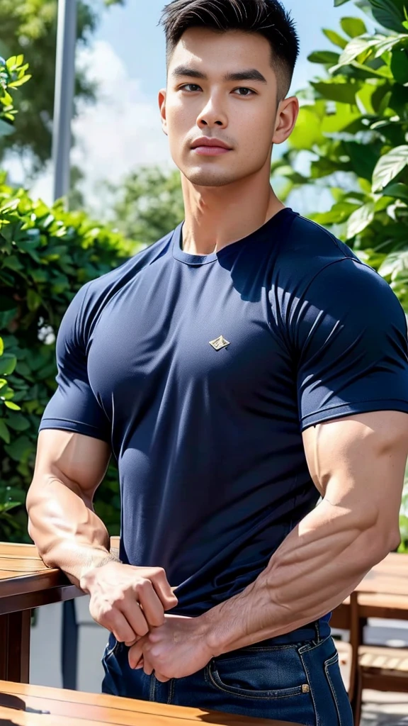 (Create a masterpiece:1.2),(CGI art:1.3),(realistic:1.5),(After processing:1.3),(Sharp focus:1.3),1 man ,(black hair) ,(Wear color navy round neck T-shirt), (with a Police badge:1.1),Navy blue jeans,Korean guy,korean men,(High gloss details),chest muscles,large arm muscles,blood vessel,Big muscles,Broad shoulders,looking at the audience,Balancing the eyes,(Lind has a dining table:1.3),