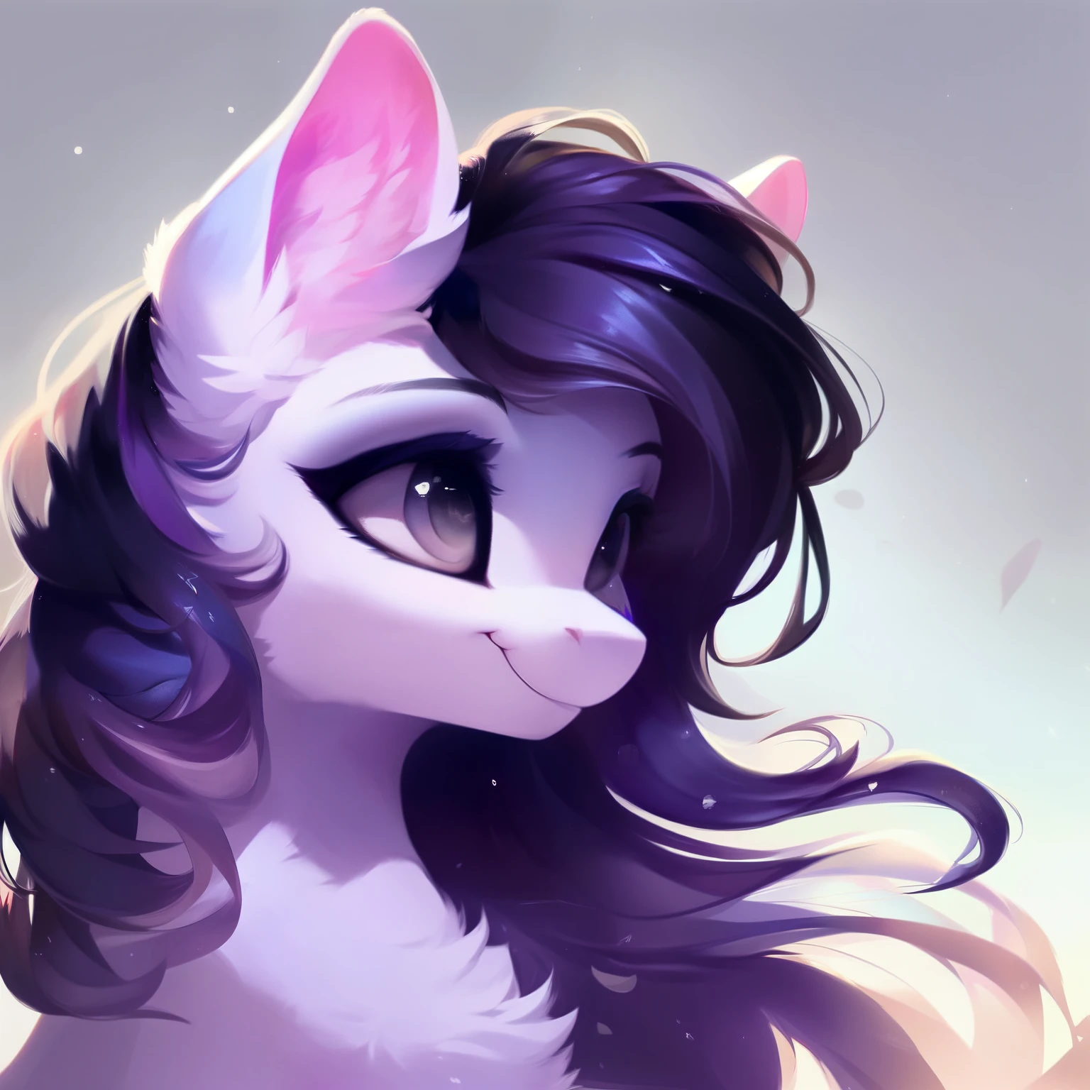 rating_safe, score_9, fluffy, feral pegasus pony, female, Light purple body, black-purple mane, disheveled hair, soft and delicate long hair, clear and proud with a hint of tenderness in grey eyes, grey eyes, smiling. dynamic。young and beautiful