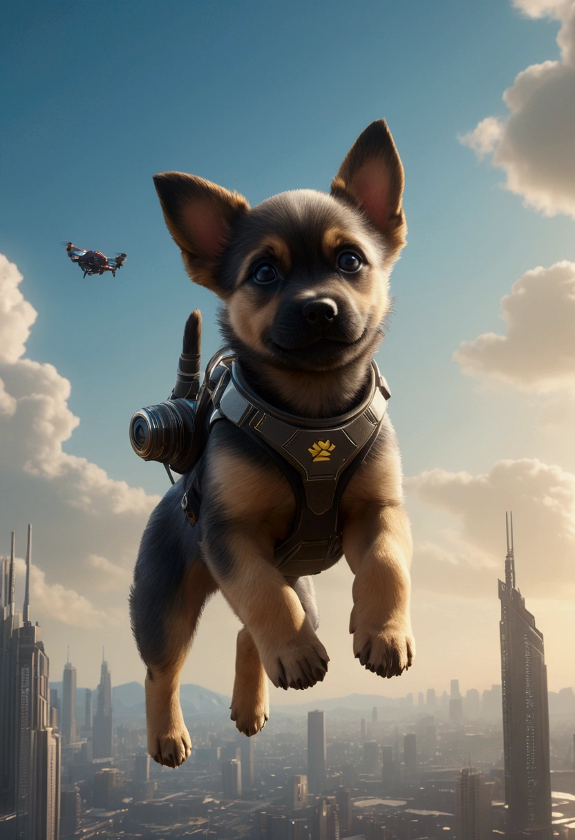 (Flying Puppy), sky, a (Sci-Fi) video game art style, cyberpunk, game cover, full body, award-winning, cinematic still, emotional, vignette, dynamic, vivid, (masterpiece, best quality, Professional, perfect composition, very aesthetic, absurdres, ultra-detailed, intricate details:1.3)
