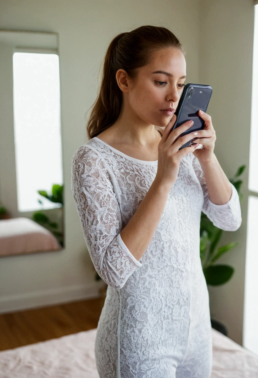 A young woman, dressed in a new outfit that she wants to show off.
She holds her phone in front of her face, hiding her face but capturing her entire body in the mirror. She is in a bright, modern bedroom, with large windows that let in natural light.