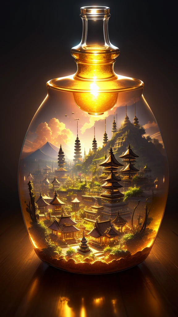 (A complex mini-town landscape in Bali trapped inside a bottle), Atmospheric Oliva lighting, On the table, 4k hdd, Dark atmosphere, Super detailed, Vibrant colors, gold、A magnificent composition, Octane Rendering, Sharp focus, High Resolution Isometric