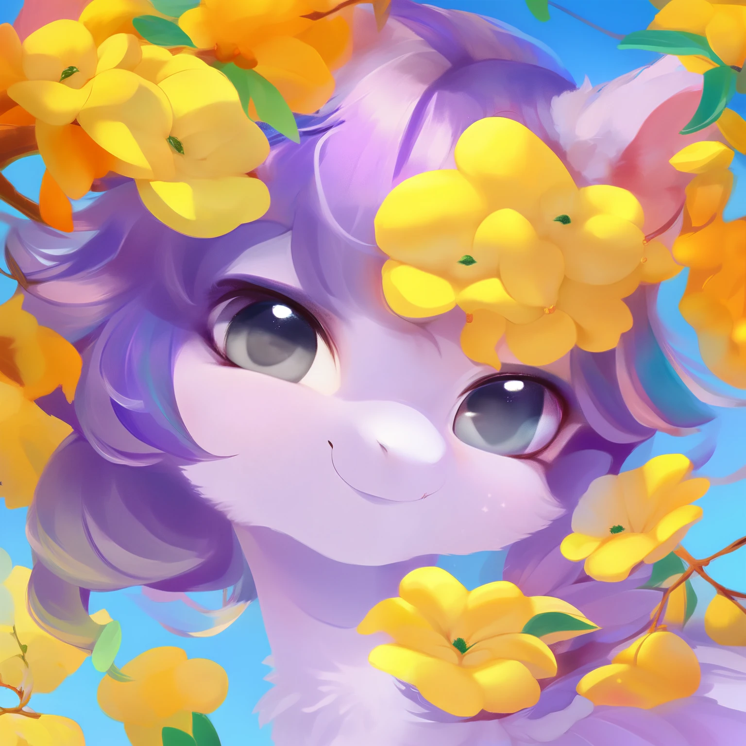 rating_safe, score_9, fluffy, feral pegasus pony, female,Purple body,Black purple mane,Wearing hair,Soft and fine long hair,清澈高傲带有几分温柔的Gray Eyes,Gray Eyes,Smile。bust,Elegant and noble。young,Delicate