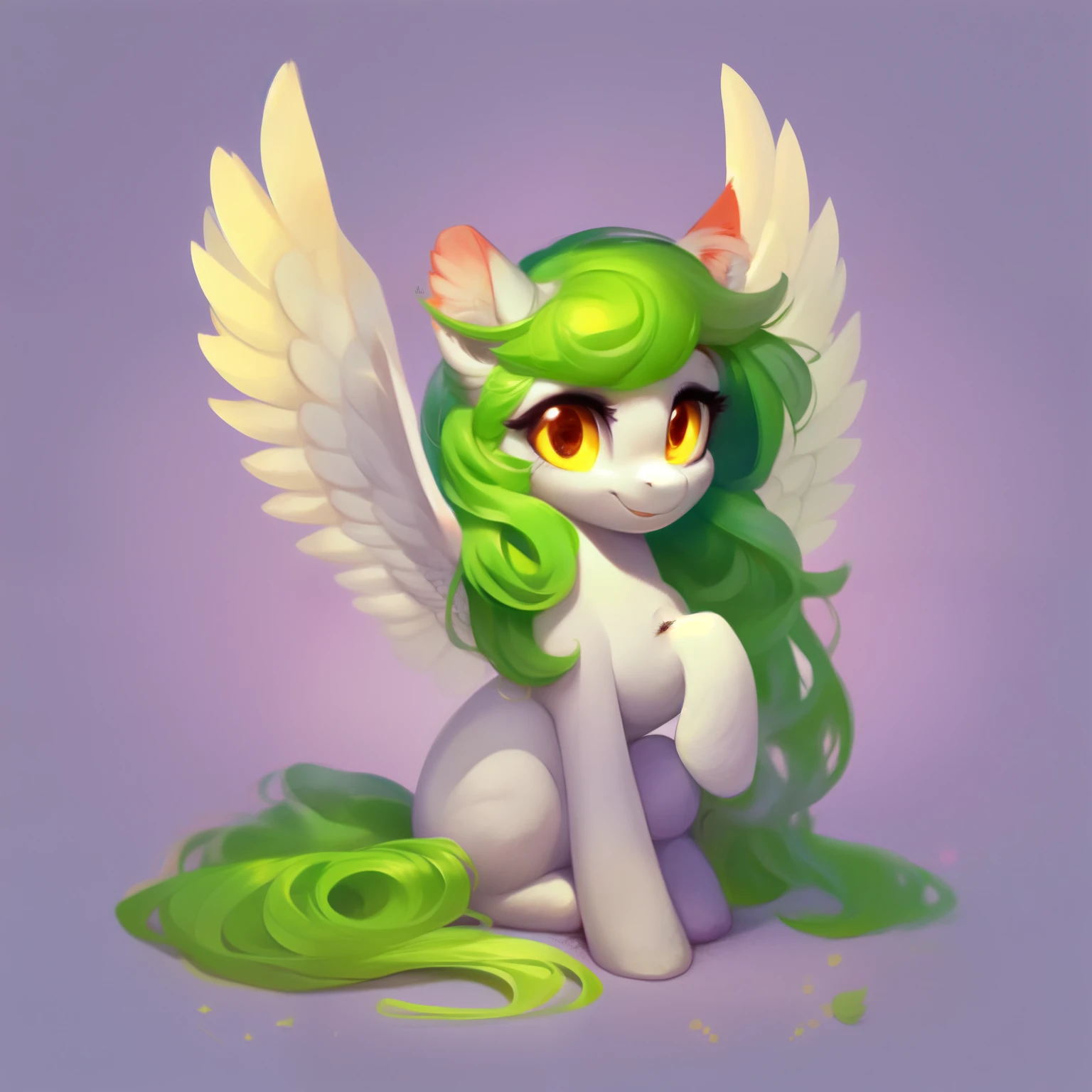 rating_safe, score_9, fluffy, a , a little pegasus pony with spread wings. She had white skin, a soft natral green mane, long mane,a happy smile, and innocent and clear golden eyes. happily,Childlike innocence。only 2 wings。She is a spiritually curious child。