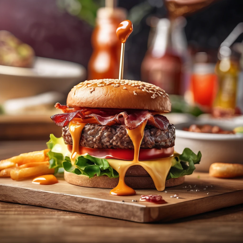 ((Gourmet Burger)), ((Ultra-Realistic Rendering)), ((Juicy pate)), ((Carefully crafted toppings)), ((Sesame bread)), ((Melting cheese)), ((Chris Pletas)), ((Sizzling bacon)), ((Add the sauce)), ((Angled close-up image)), ((Culinary masterpieces)), ((Vibrant colors)), ((Appetizing presentation)), ((Artistic plating)), ((Soft natural light)), ((Bokeh Background)), ((Flavorful atmosphere)), ((Gastronomic Delights)), ((Focus distance 85mm)), ((Sony A7R IV)), ((wide aperture)), ((Definition of 8k)), ((Inspired by food art)), ((Emotionally engaging)), ((Culinary Innovation))