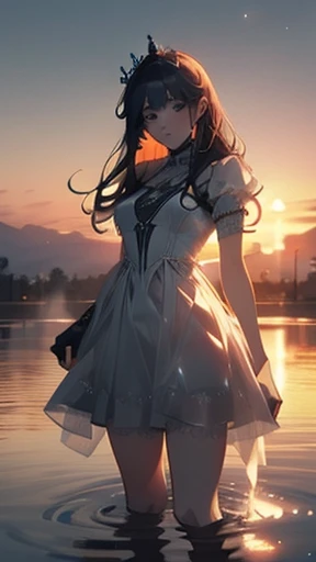 Princess plays in water, sunset, foggy, mist, wet outfit, knights in background