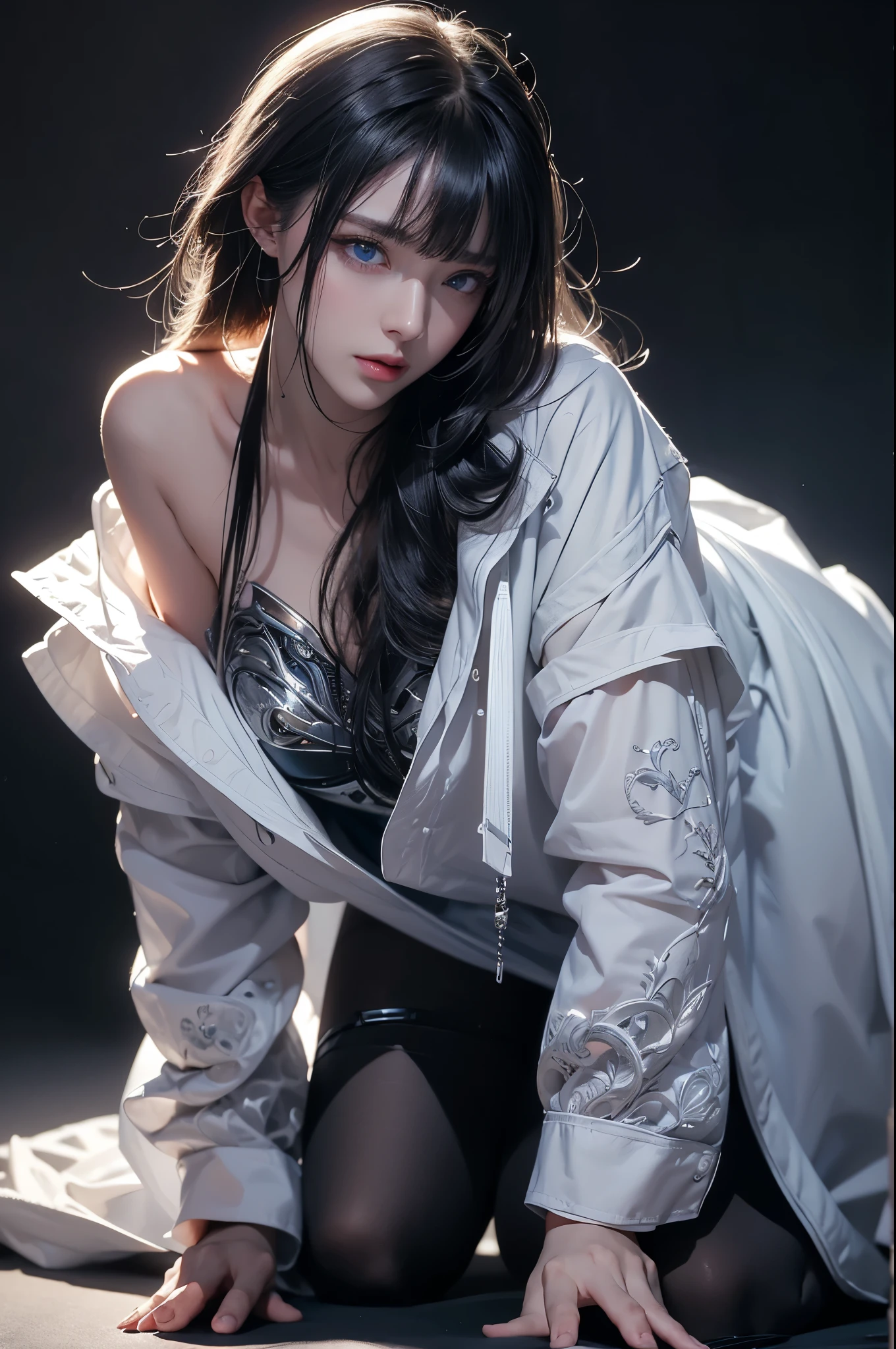 masterpiece, Highest quality, Very detailed, To the camera, 複雑に詳細なVery detailed, Realistic, Sharp features, Very detailed, Sharp focus, Perfect Face, Perfect Face, Perfect symmetry and perfect eyes, Perfect Plump Lips, Flexible female form, Cinematic, Film Light, Very detailed, hyper Realistic, masterpiece, Atmospheric, High resolution, Vibrant, Dynamic Studio Lighting, ((Dark Background)), The expression when enduring pleasure, Straight bangs, blue eyes,Kneeling with hands on crotch、Butt、Sexually aroused expressions、No clothes、NSFW,((top quality、8k、masterpiece:1.3))Wears a silver-white mech，girl with delicate face，Highest image quality，Ultra-clear，Delicate and clear facial features，end of the world，Mechanical arm，Exquisitely detailed mechanical pattern,Cyberpunk characters、numbercity、number、century、throne