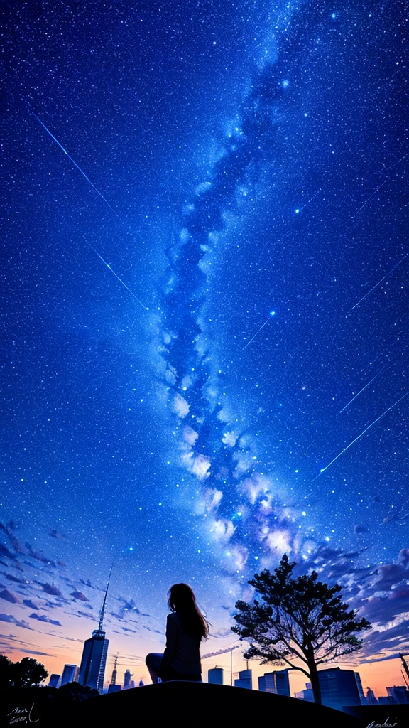 sky, star, landscape, starry sky, night, girl, night sky, solo, outdoor, signature, building, clouds, milky way, sitting, tree, long hair, city, silhouette, cityscape