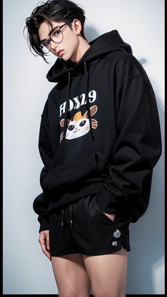 19 years old male, White Asian, Wavy chestnut black hair with subtle highlights, Oversized black hooded jumper with cat graphic, Wearing black corduroy shorts, Oversized black round framed glasses, Slanted blue eyes.