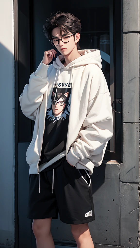 19 years old male, White Asian, Wavy chestnut black hair with subtle highlights, Oversized black hooded jumper with cat graphic, Wearing black corduroy shorts, Oversized black round framed glasses, Slanted blue eyes.