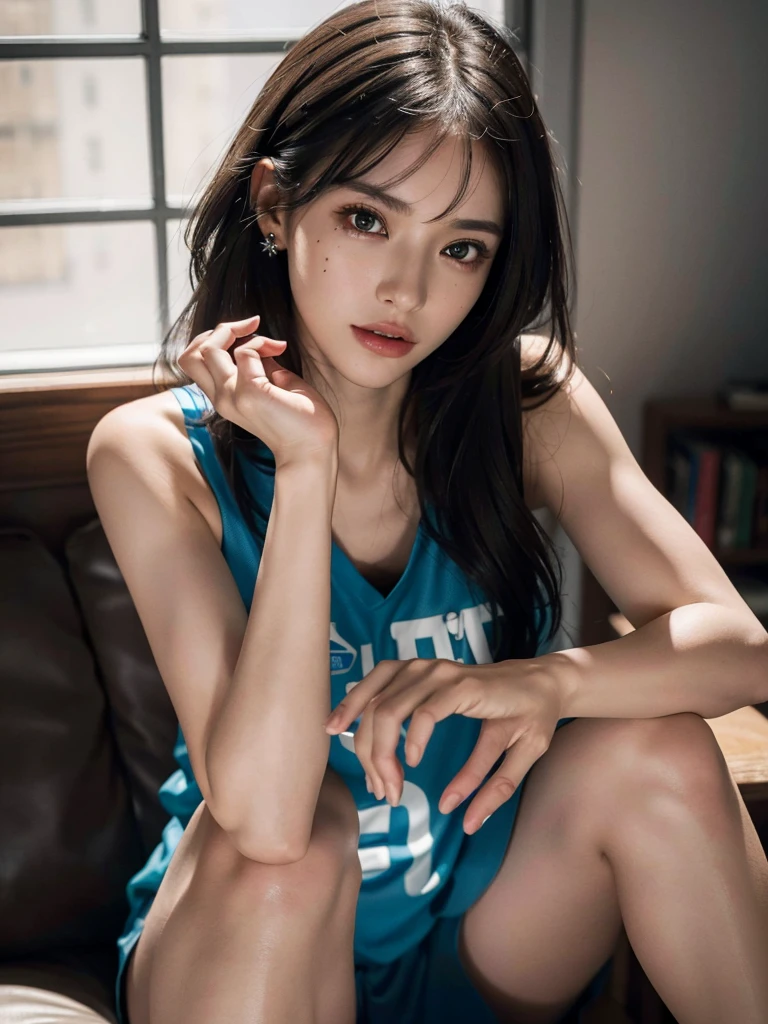 (absurdres, RAW photo, extremely delicate and beautiful, masterpiece, Best Quality, ultra high resolution, 32k, hyperrealistic, ultra-detailed, perfect anatomy, anatomically correct:1.2), perfect figure, Perfect Style, Perfect balance, super Detailed skin, in her 30s, very Slim body, narrow waist, very small head, very small face, delicate facial features, handsome detailed woman, very detailed eyes and face, realistic face proportions, Realistic beautiful face, Realistic beautiful eyes, tearful mole, earring, very huge round tits, (full body shot:1.2), (whole legs:1.2), medium hair, dark blonde hair, asymmetrical hair, indoor, (soccer Jersey:1.2), (sleeveless:1.2),