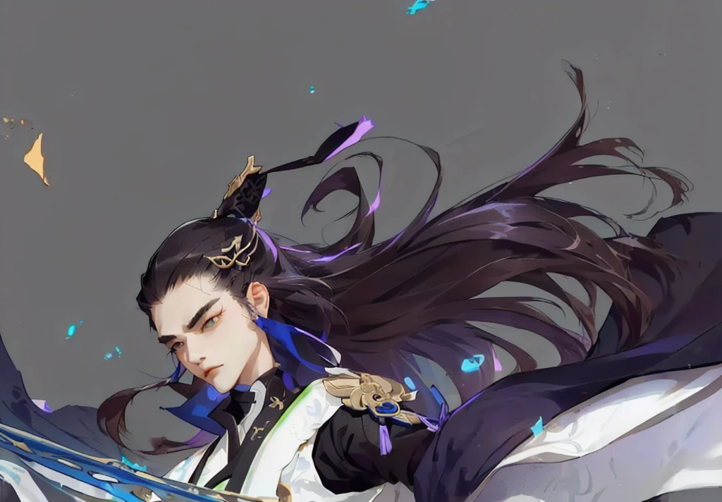 anime girl holding a sword on a blue background, heise jinyao, 《Genshin Impact》Keqing, zhao yun, 《Genshin Impact》Zhongli, Genshin Impact角色, Inspired by Huang Shen, inspired by Guan Daosheng, Onmyoji Portrait, The handsome guy in Demon Slayer, xianxia hero