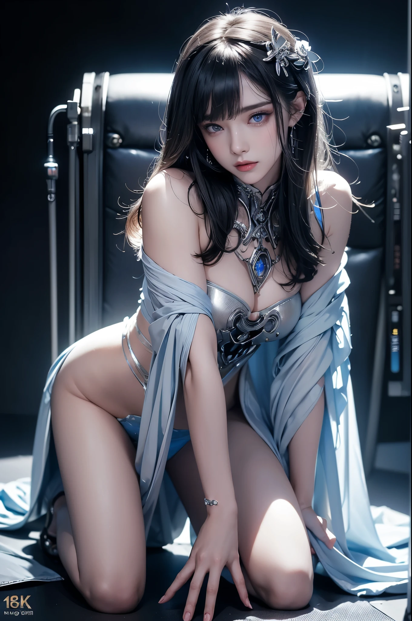 masterpiece, Highest quality, Very detailed, To the camera, 複雑に詳細なVery detailed, Realistic, Sharp features, Very detailed, Sharp focus, Perfect Face, Perfect Face, Perfect symmetry and perfect eyes, Perfect Plump Lips, Flexible female form, Cinematic, Film Light, Very detailed, hyper Realistic, masterpiece, Atmospheric, High resolution, Vibrant, Dynamic Studio Lighting, ((Dark Background)), The expression when enduring pleasure, Straight bangs, blue eyes,Kneeling with hands on crotch、Butt、Sexually aroused expressions、No clothes、NSFW,((top quality、8k、masterpiece:1.3))Wears a silver-white mech，girl with delicate face，Highest image quality，Ultra-clear，Delicate and clear facial features，end of the world，Mechanical arm，Exquisitely detailed mechanical pattern,Cyberpunk characters、numbercity、number、century、throne