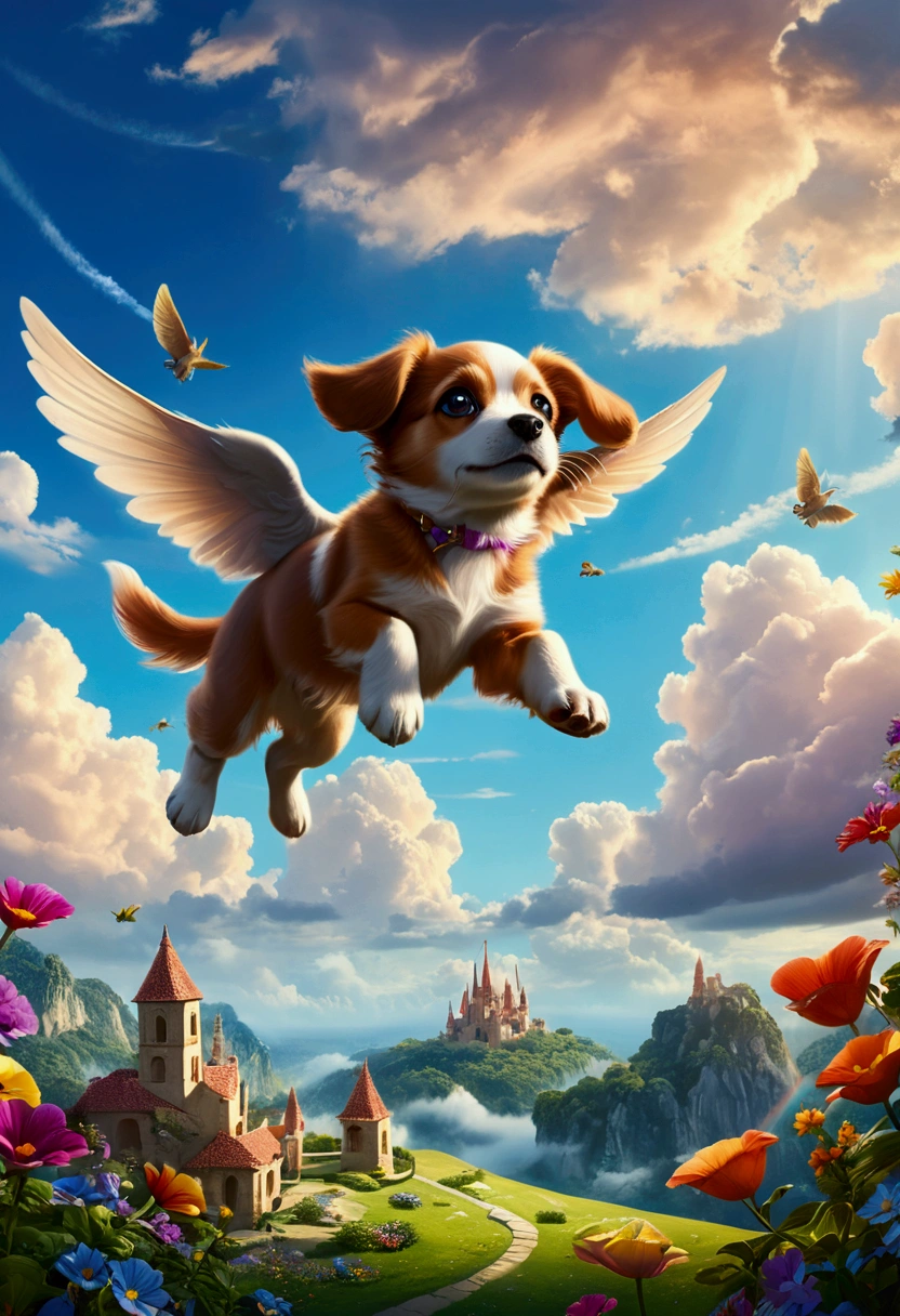 (Flying Puppy), sky, Explore the Enchanted Enclave with (clouds), a hidden sanctuary where flora and fauna coexist in perfect harmony, creating a magical realm untouched by time, full body, award-winning, cinematic still, emotional, vignette, dynamic, vivid, (masterpiece, best quality, Professional, perfect composition, very aesthetic, absurdres, ultra-detailed, intricate details:1.3)