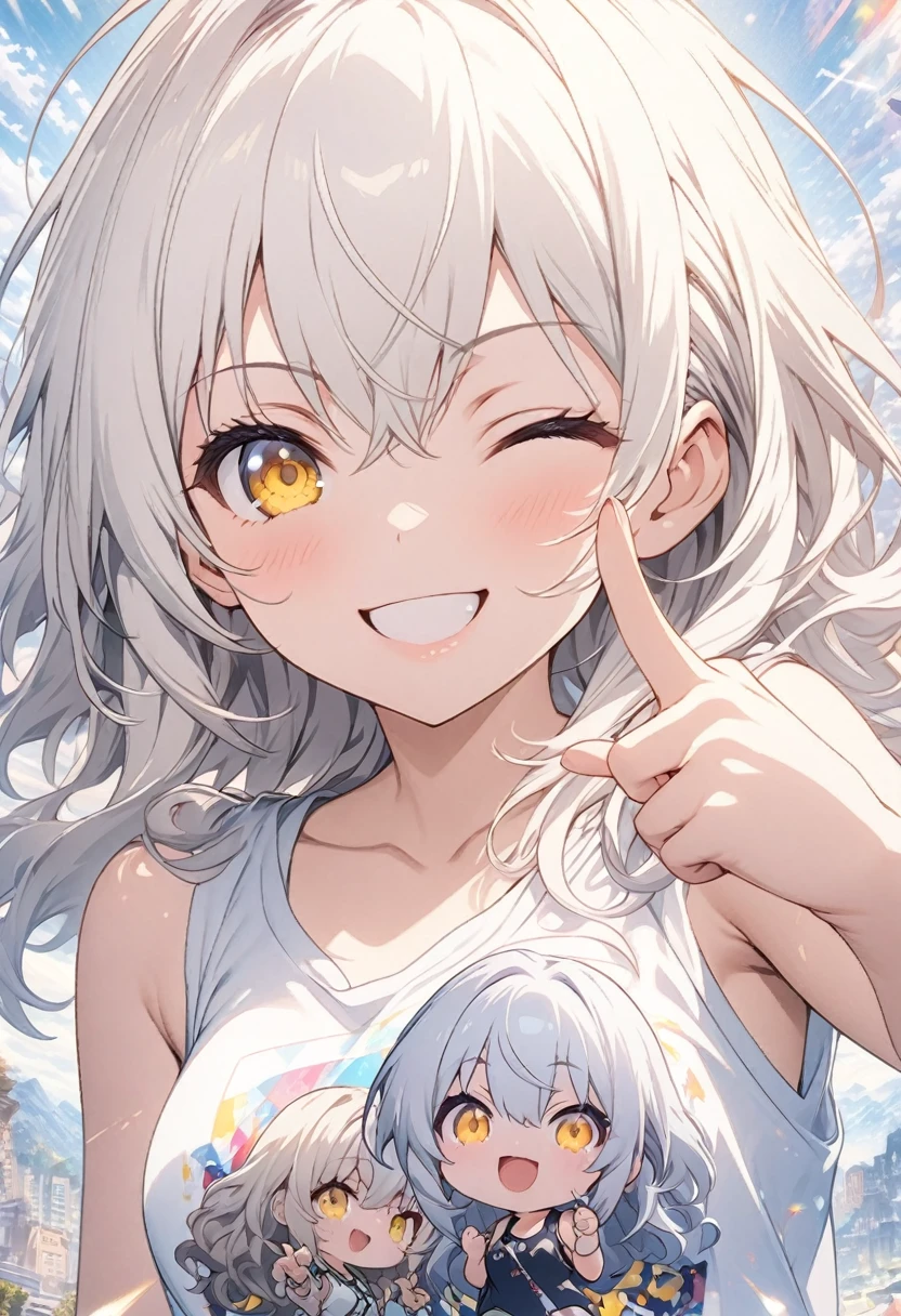 masterpiece, Highest quality, Highly detailed CG Unity 8k wallpaper, chibi, High School Girl Anime Illustration. Wear an oversized tank top、Doing the finger guns pose、she has her eyes closed and mouth open, smile. The background is a light pastel colored landscape., White hair color, Yellow Eyes, 2.5D Art