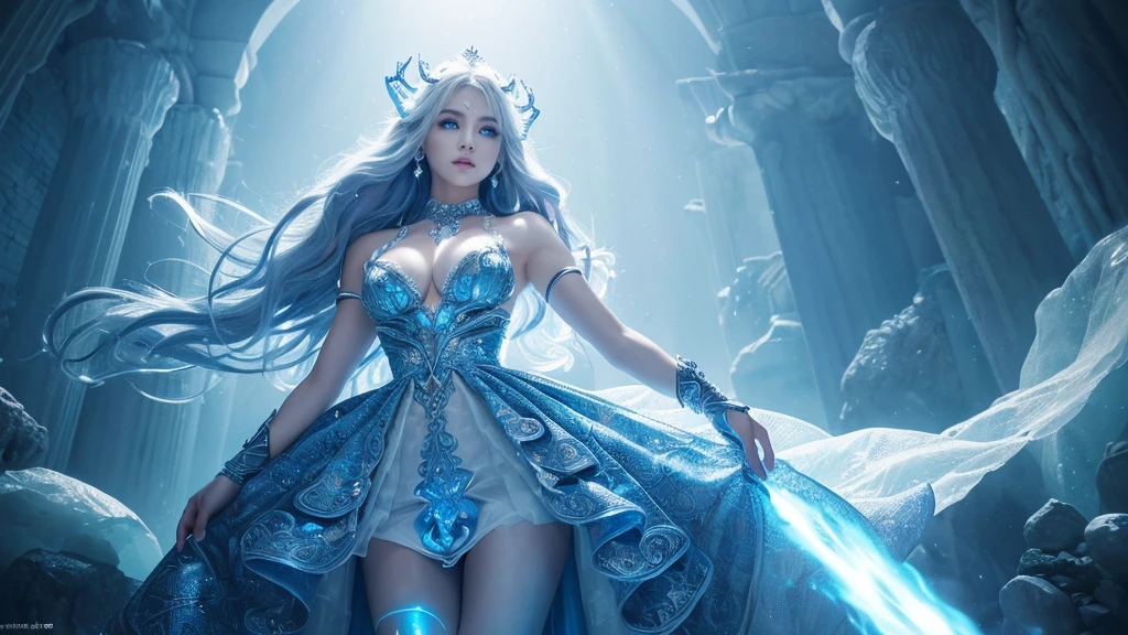8K、(masterpiece、Incredible details、texture、Maximum details)、(超Practical:1.4)、(Practical:1.3)、(Full body portrait:1.8)、(Top quality realistic texture skin)、(Create perfectly symmetrical eyes)、Delicate face、(Glowing ice、 Ice condensation vision)、(Like the whole body:1.6)、 (sneer)、(Glow in the dark blue eyes:1.5)、(a blue glaring eyes,Emitting strong white light:1.5)、(Ice cubes and flames spinning in the background)、(Dramatic lighting)、(Spectacular sights)、(Cold and beautiful expression、A scary place)、Luxurious blue gemstone earrings on ears、 (Dramatic photos:1.4)、(White wavy hair)、(Hair curled up)、(A simple necklace,脖子周围有Intricate details)、The Stunning temples of the Devil、 Stunning temples、Ice Cathedral、Temple ruins,(Glowing magic array),iceberg、Excellent graphics、(Art Station:1.5)、Movie、((Neutral colors))、(high resolution:1.5)、(Calming colors:1.2)、Extremely detailed、Dramatic lighting、(Intricate details:1.1)、Complex background、White wavy hair,Large breasts,Ice Princess,Gorgeous White and Blue Princess Dress,A top-down view,cosmetic,Sexy,Dynamic action poses,Blue Rouge,Perfect hands,