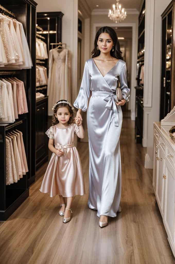 "A dainty  dressed in an elegant, flowing gown with a satin bow at the waist. She's holding her mother's hand and carrying a small purse, walking through a chic boutique with a look of wonder on her face."