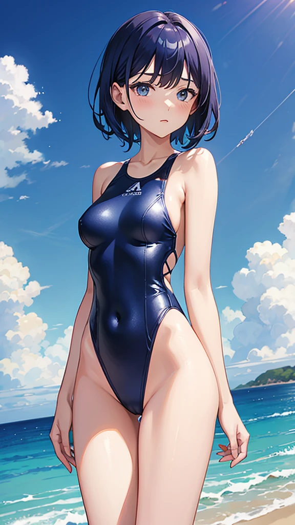 Swimsuit Ultramarine short hair 22 years old A plain adult woman Small breasts Directly facing universe space
