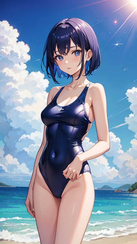 Swimsuit Ultramarine short hair 22 years old A plain adult woman Small breasts Directly facing universe space