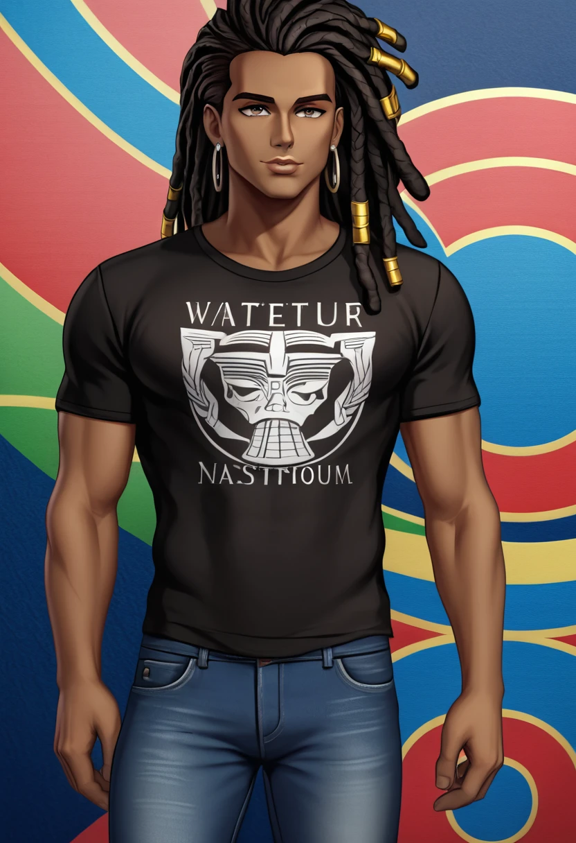 (masterpiece:1.2), (best quality), (ultra detailed), (8k, 4k, intricate),(half-body-shot:1), (highly detailed:1.2),(detailed background:1.2),((dark skin, handsome face,lips)) An man with black colored dreadlocks wearing a dark brown sweatshirt and jeans, street clothing, casual clothing, silver earrings