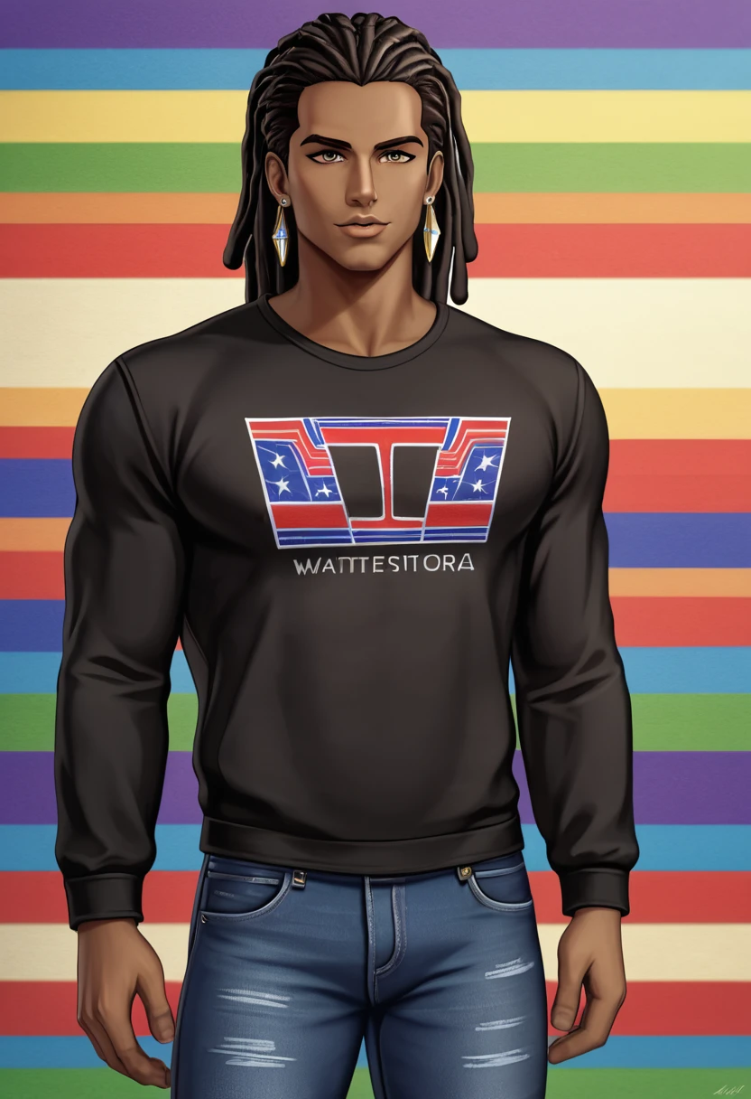 (masterpiece:1.2), (best quality), (ultra detailed), (8k, 4k, intricate),(half-body-shot:1), (highly detailed:1.2),(detailed background:1.2),((dark skin, handsome face,lips)) An man with black colored dreadlocks wearing a dark brown sweatshirt and jeans, street clothing, casual clothing, silver earrings