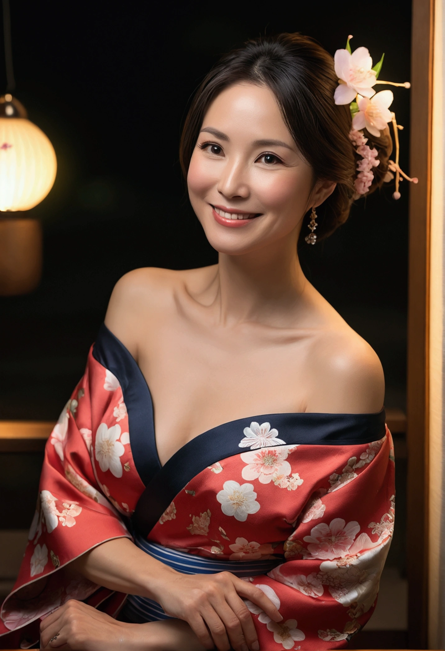 ((night, Real Light, Highest quality, 8k, masterpiece: 1.3)), 45-year-old woman, Beautiful woman, Slim figure: 1.4, (Dark brown hair), (Off the shoulder), (kimono)), ((Cleavage)), ((美しいkimono)), (night), Highly detailed face and skin texture, (Sitting), (((smile))),(((Leaning forward))