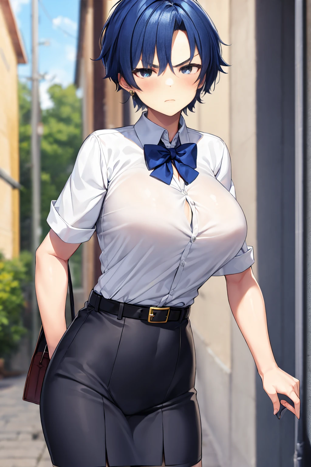 tomboy,blue-hair,short-hair,big-breast,school-uniform,tomboy,short-hair,18years-old,gang,earring,belt,super-big-breast,tsurime,half-closed-eye,black-under-eye,angry,hale-closed-eyes,all-body,whole body