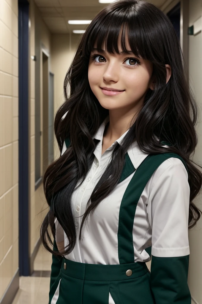 Screenshot of My Hero Academia Brunette Girl, long black wavy hair, with bangs. has dark green eyes, has a happy expression, He has the UA uniform and in the background a school hallway