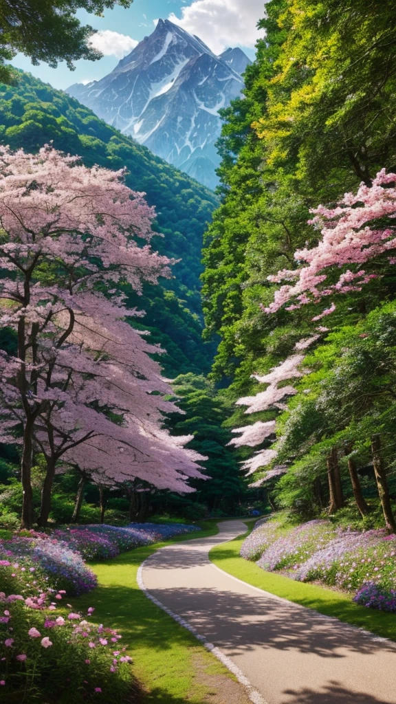 "Create an anime realism image of a breathtaking natural path leading to a majestic mountain. The path is surrounded by vibrant flowers and lush trees, creating a serene and enchanting atmosphere. The scene should be detailed and colorful, making it suitable as a stunning wallpaper."