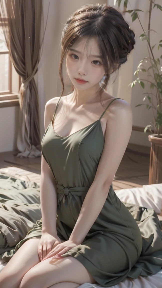 araffe asian woman in a green dress sitting on a bed, young sensual graceful, lovely woman, ethereal beauty, gorgeous chinese model, captivating and enticing, elegant seducing pose, chinese girl, peaceful and graceful, beautiful feminine body, a stunning young ethereal figure, jaw-dropping beauty, shy and demure, traditional beauty, beautiful asian girl, japanese goddess