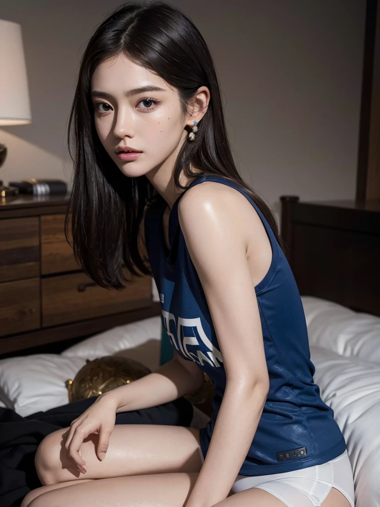 (full body shot:1.2), (whole legs:1.2), absurdres, RAW photo, extremely delicate and beautiful, masterpiece, Best Quality, ultra high resolution, 32k, hyperrealistic, ultra-detailed, perfect anatomy, anatomically correct, perfect figure, Perfect Style, Perfect balance, super Detailed skin, in her 30s, very Slim body, narrow waist, very small head, very small face, delicate facial features, handsome detailed woman, very detailed eyes and face, realistic face proportions, Realistic beautiful face, Realistic beautiful eyes, tearful mole, earring, very huge round tits, medium hair, dark blonde hair, asymmetrical hair, indoor, (soccer Jersey:1.2), (sleeveless:1.2),