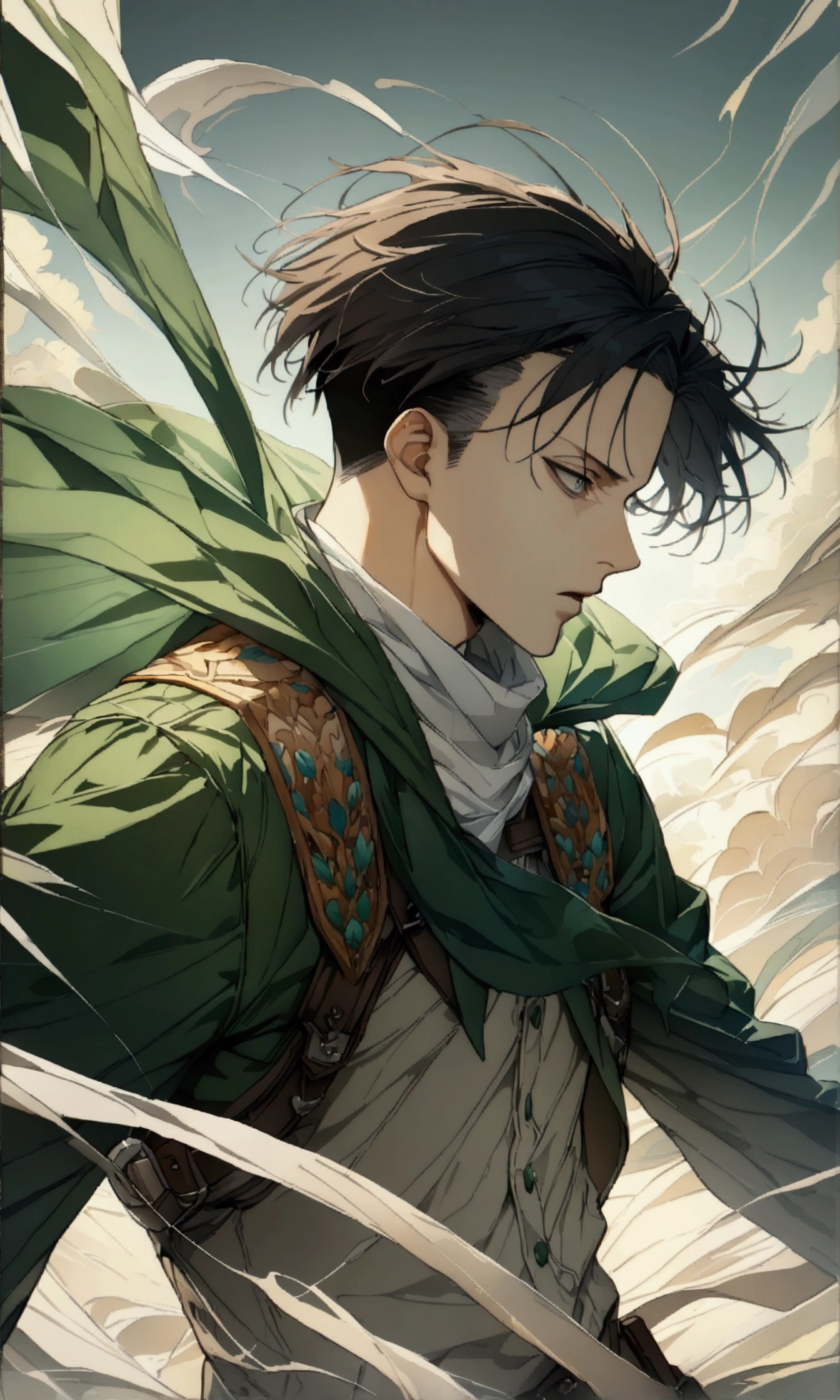 1 male,Levi Ackerman,Attack on Titan,,Intricate details,Wide range of colors,artwork,rendering,(masterpiece:1.3),(Highest quality:1.4),(Very detailedな:1.5),High resolution,Very detailed,unity 8k wallpaper,Decadent,、Stereoscopic starter、Flying in the air、Cutting through the wind、speed、Bitter face