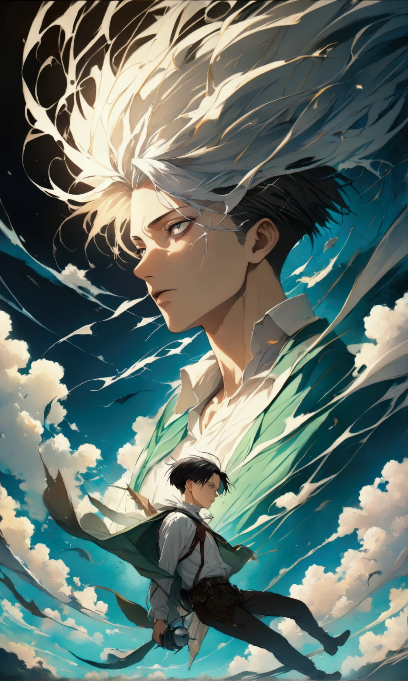 1 male,Levi Ackerman,Attack on Titan,,Intricate details,Wide range of colors,artwork,rendering,(masterpiece:1.3),(Highest quality:1.4),(Very detailedな:1.5),High resolution,Very detailed,unity 8k wallpaper,Decadent,、Stereoscopic starter、Flying in the air、Cutting through the wind、speed、Bitter face