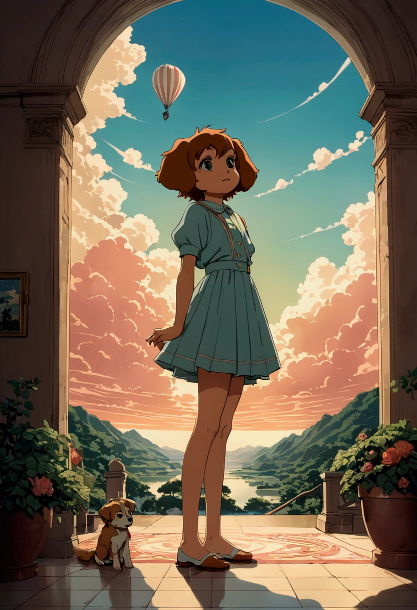 (Flying Puppy), sky, 1980s anime, retro fashion, muted pastel colors, cozy atmosphere, detailed facial features, full body, award-winning, cinematic still, emotional, vignette, dynamic, vivid, (masterpiece, best quality, Professional, perfect composition, very aesthetic, absurdres, ultra-detailed, intricate details:1.3)