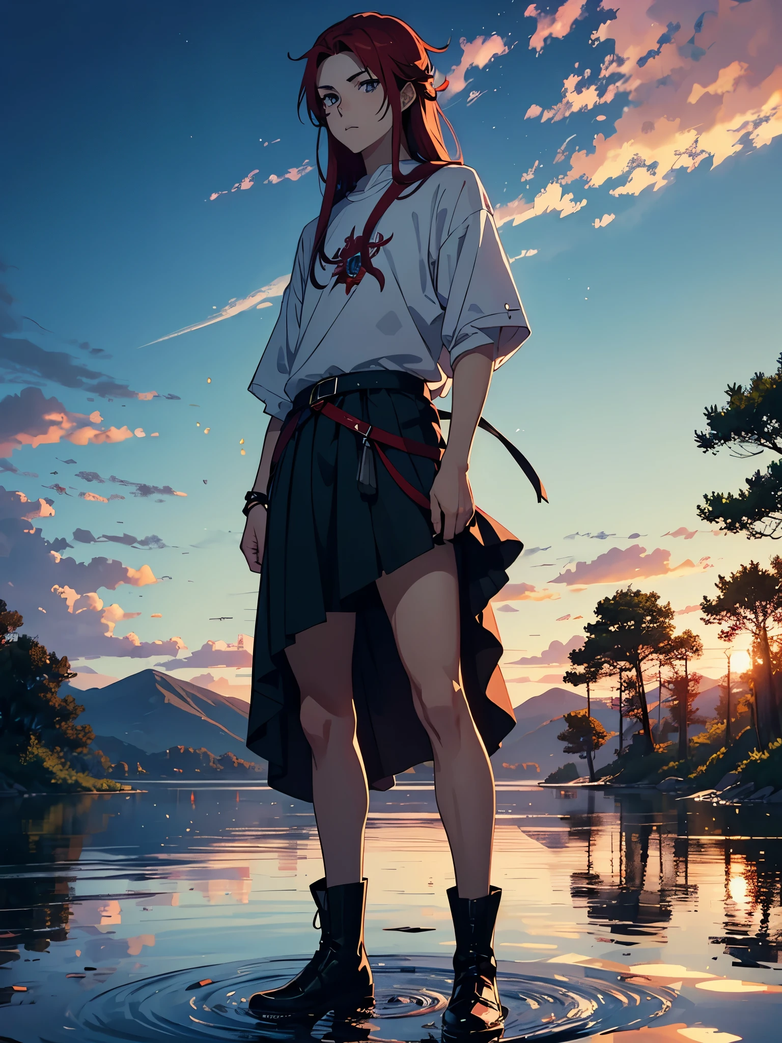 Boy. Shorter skirt. More anime style. blue flames. 2d. flatter. anime style. Viking clothing. soft. More anime. Standing in a lake. More anime. More 2d. Clean. More anime. 2d. Glow. Red hair. More anime. male. Long hair. long red hair. boy, vikings. red hair. Blue eyes. fire. 