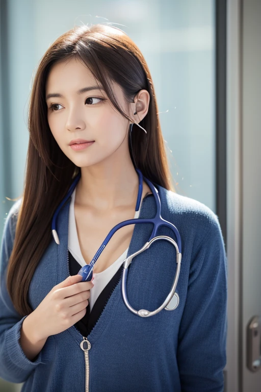 Woman listening to heartbeat with a stethoscope