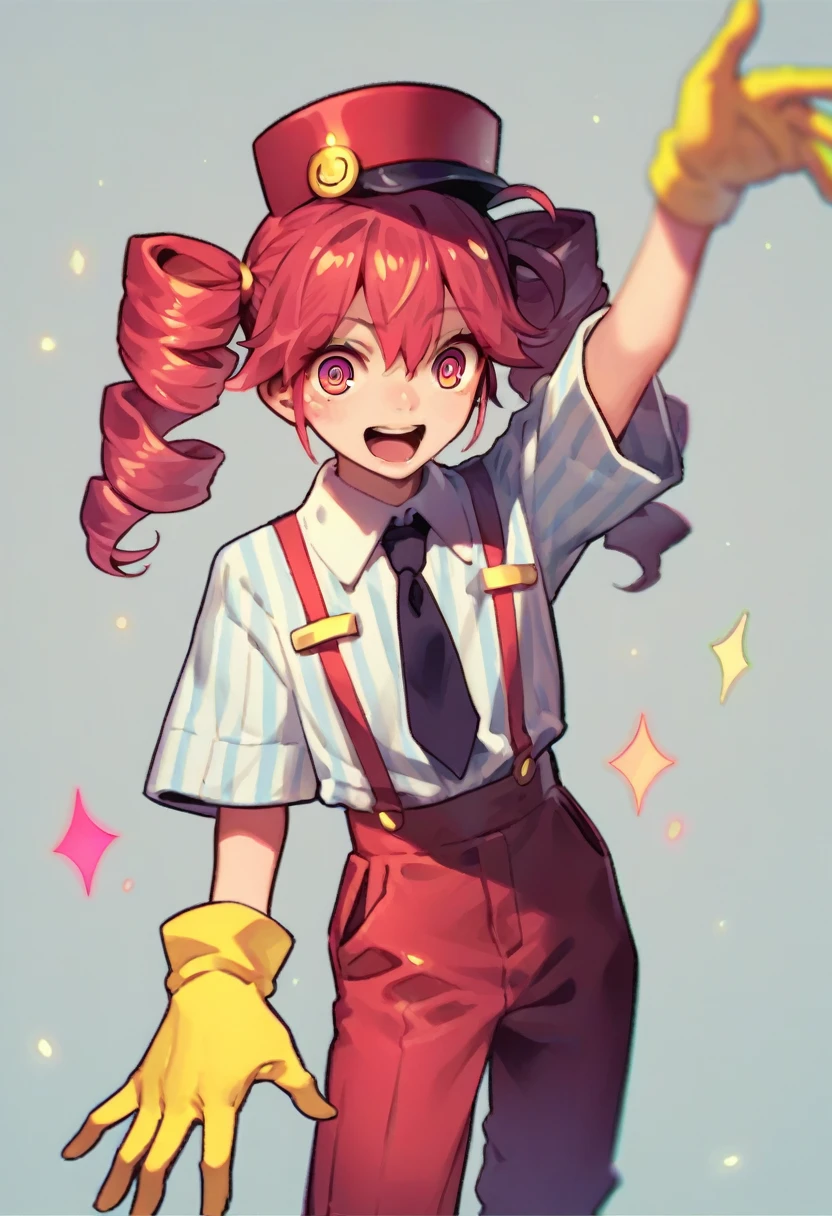 tetomesmerizer, kasane teto, striped shirt, yellow gloves, black necktie, suspenders, red pants, hat，woman，Anime Girl，Dance，Being hypnotized，calm