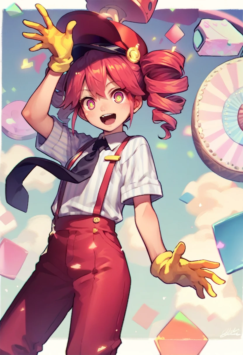 tetomesmerizer, kasane teto, striped shirt, yellow gloves, black necktie, suspenders, red pants, hat，woman，Anime Girl，Dance，Being hypnotized，calm